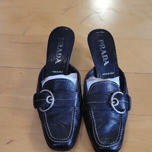 Prada Black Leather White Stitch Silver Buckle Square Toe 38